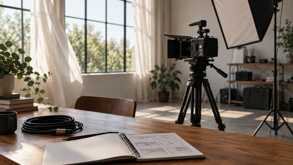 An empty video production workspace in a Te Aro studio on a windy clear morning, a cinema camera on a tripod, a softbox light, a coiled XLR cable and a storyboard notebook on a rimu timber desk, large windows with bright sky light