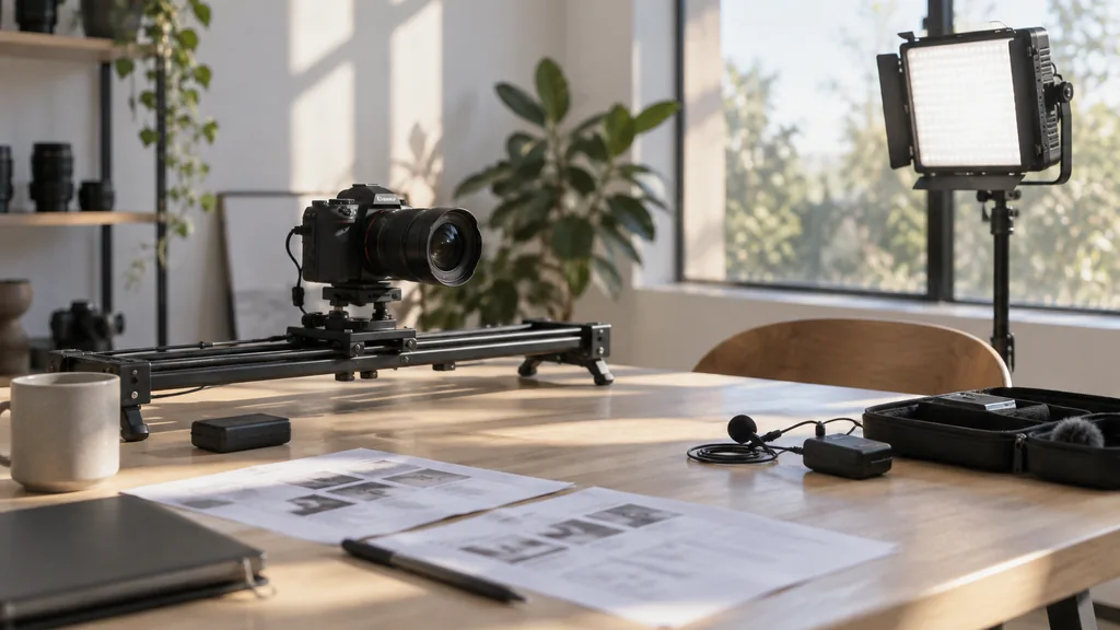 An empty video production workspace in a Braddon studio on a crisp sunny morning, a camera on a slider, a lavalier microphone kit, an LED panel and printed shot lists on a pale eucalyptus-wood table, tall windows with clean winter light