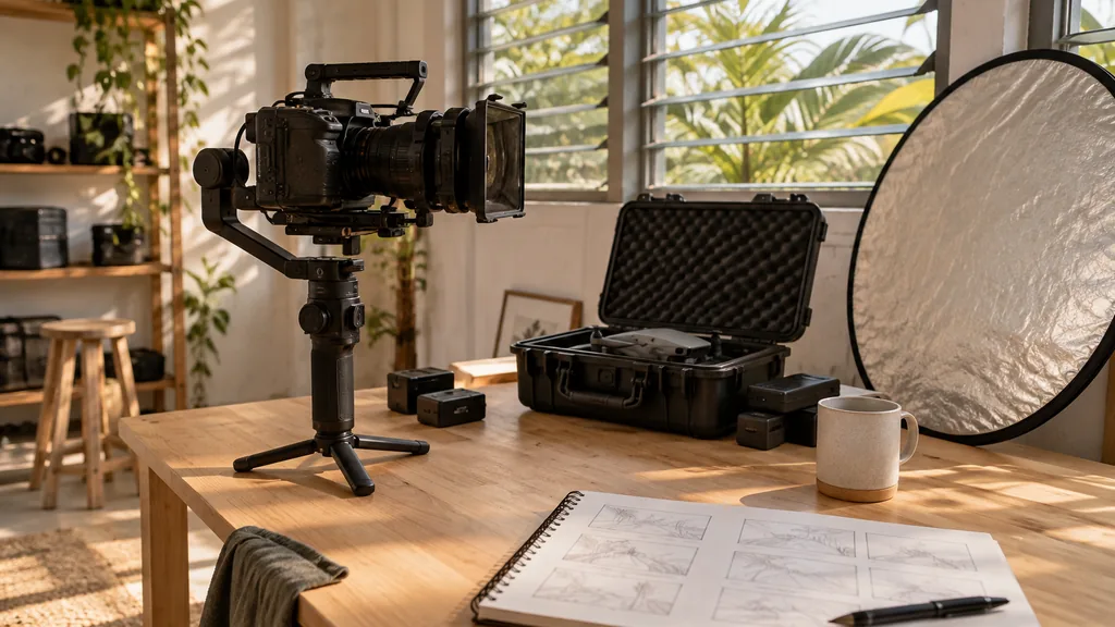 An empty video production workspace in a Burleigh studio on a warm bright morning, a cinema camera on a gimbal, a drone case, a reflector disc and a storyboard sketchbook on a pale blonde timber bench, open louvre windows with soft tropical light