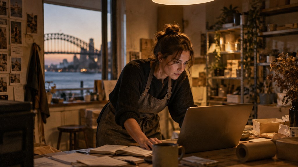 A small-business owner in an apron leaning over a laptop on a cluttered back-office desk late in the day, photographed in Sydney