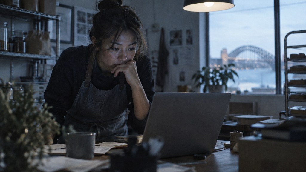 A small-business owner in an apron leaning over a laptop on a cluttered back-office desk late in the day, photographed in Sydney