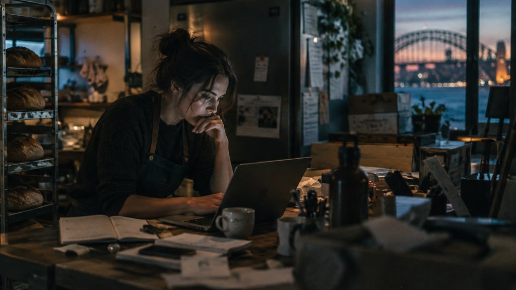 A small-business owner in an apron leaning over a laptop on a cluttered back-office desk late in the day, photographed in Sydney