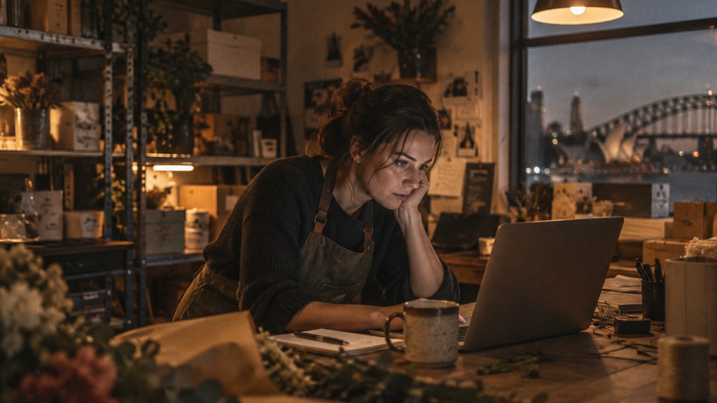 A small-business owner in an apron leaning over a laptop on a cluttered back-office desk late in the day, photographed in Sydney