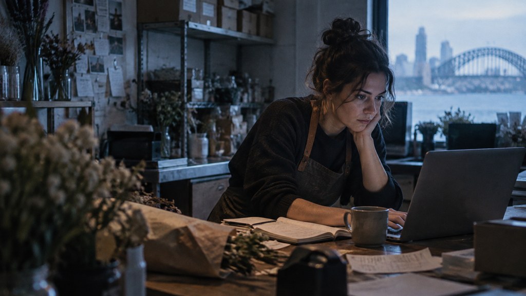 A small-business owner in an apron leaning over a laptop on a cluttered back-office desk late in the day, photographed in Sydney