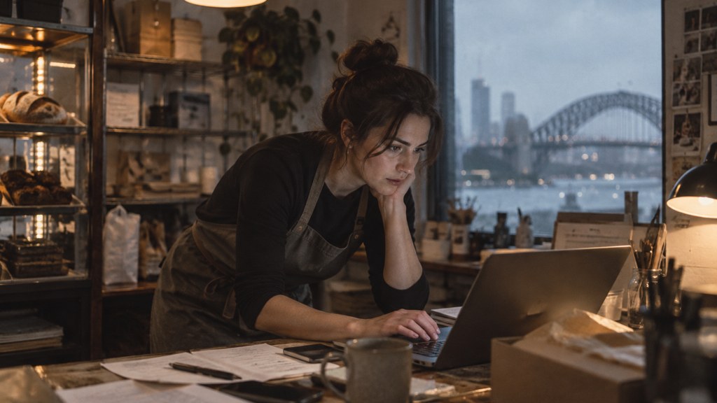 A small-business owner in an apron leaning over a laptop on a cluttered back-office desk late in the day, photographed in Sydney