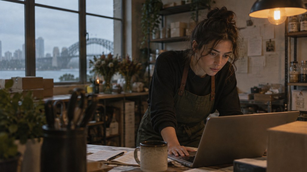 A small-business owner in an apron leaning over a laptop on a cluttered back-office desk late in the day, photographed in Sydney