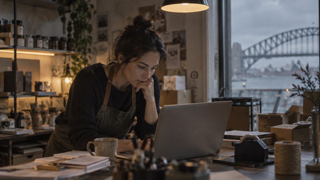 A small-business owner in an apron leaning over a laptop on a cluttered back-office desk late in the day, photographed in Sydney