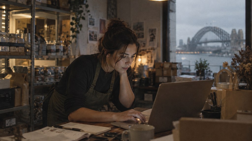 A small-business owner in an apron leaning over a laptop on a cluttered back-office desk late in the day, photographed in Sydney