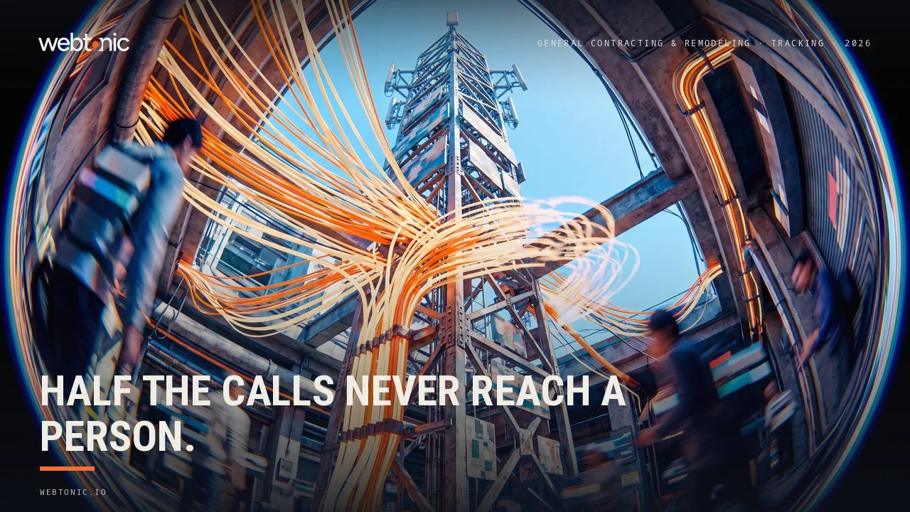 General contracting and remodeling tracking and analytics statistics 2026 thumbnail showing only 52 percent of home services calls answered by a person, rising to 73 percent for calls over 30 seconds