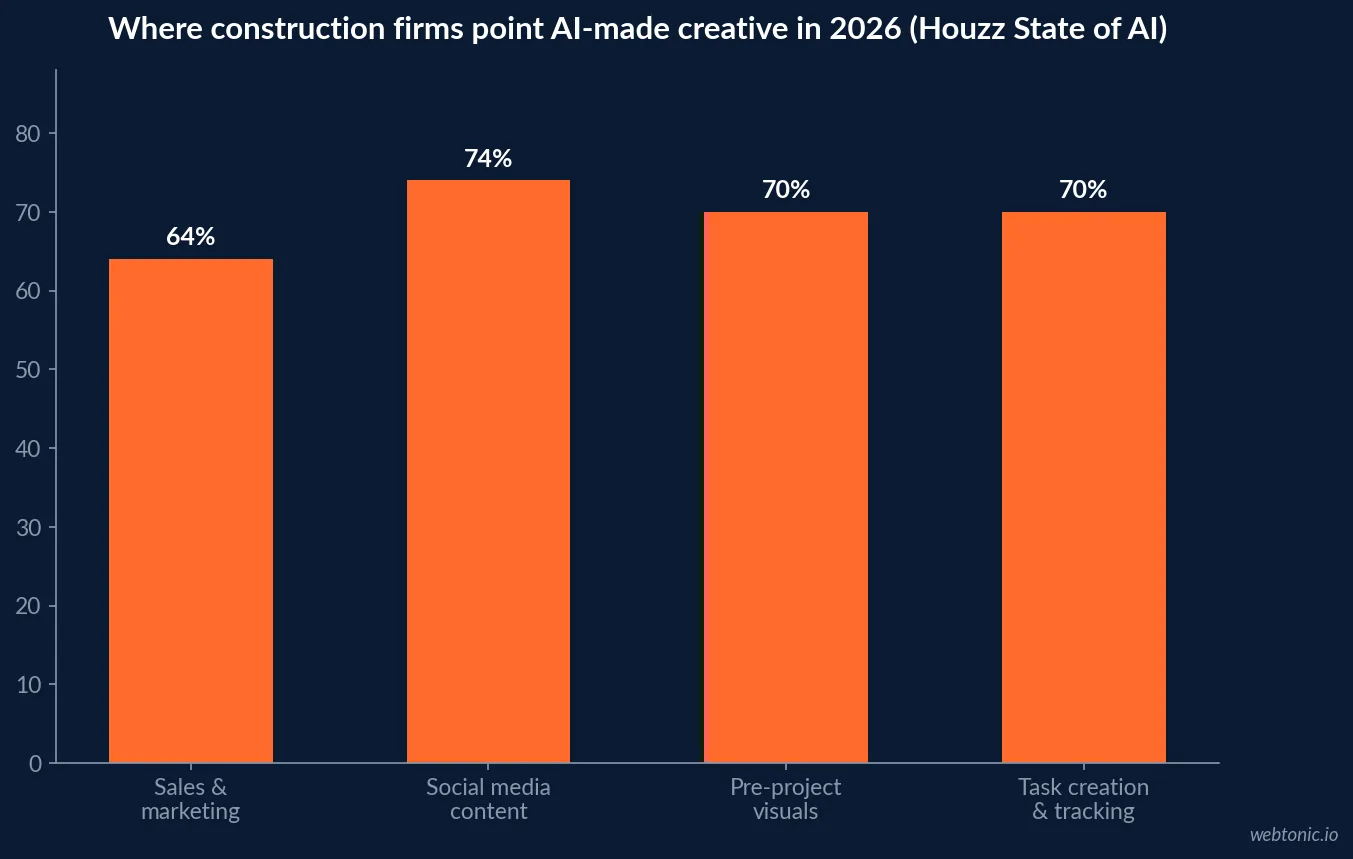 Bar chart showing construction firms point AI creative tools mostly at social media content at 74 percent and pre-project visuals at 70 percent, with sales and marketing the top overall AI use case at 64 percent, Houzz State of AI 2026