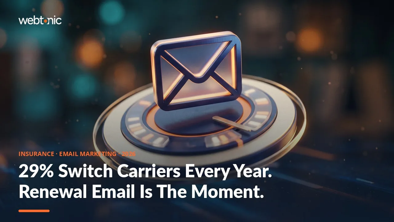 Insurance email marketing statistics 2026 thumbnail showing a 31.35 percent Business and Finance open rate against a 35.63 percent all-users average