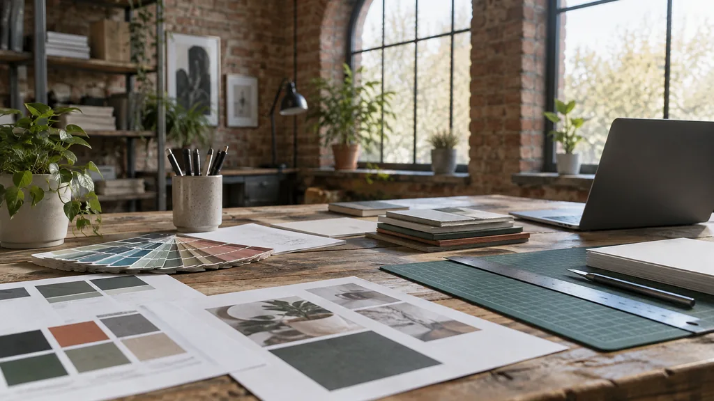 An empty graphic design studio workspace in a brick-walled design studio in the Ouseburn valley on a cool bright morning, printed brand guideline sheets, Pantone swatch fans, a cutting mat with a steel ruler and a stack of paper stock samples on a reclaimed pine desk, arched windows with soft light