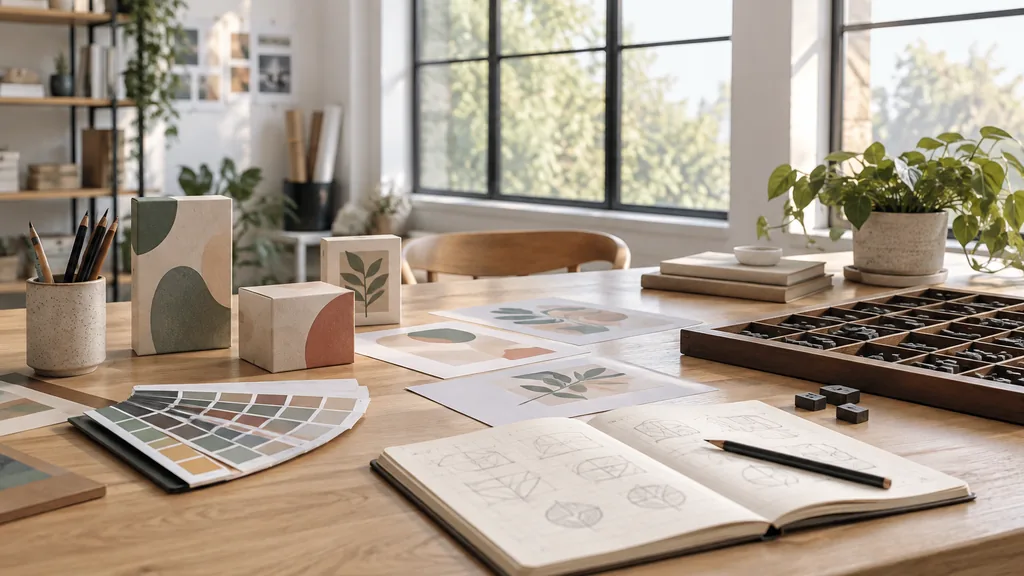 An empty graphic design studio workspace in a bright design studio in the Cultural Quarter on a clear morning, printed packaging mock-ups, a Pantone swatch book, a sketchbook of logo roughs and a letterpress type tray on a white oak table, wide glazed windows with clean light