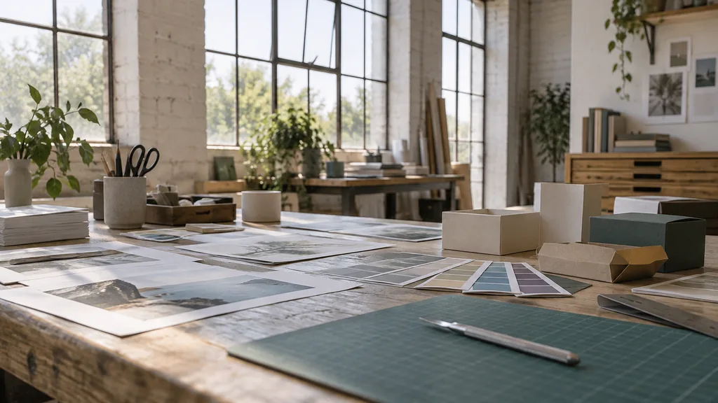 An empty graphic design studio workspace in a harbourside warehouse design studio on a breezy bright morning, printed brochure proofs, colour swatch cards, a cutting mat with a scalpel and folded packaging samples on a weathered oak bench, tall windows with pale sky light