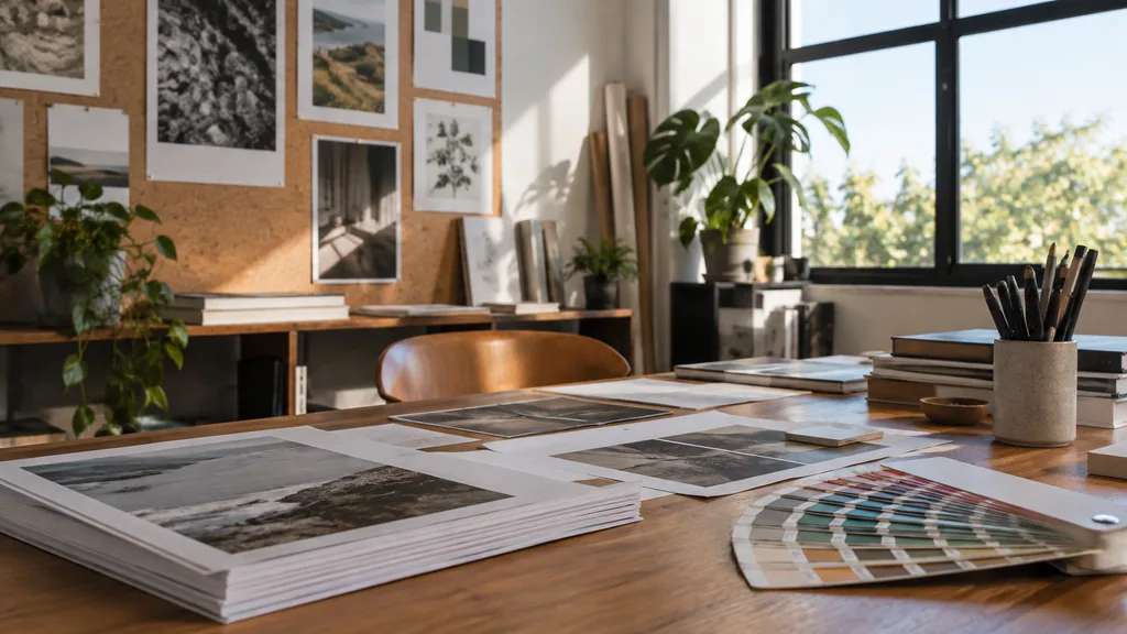 An empty graphic design studio workspace in a Te Aro design studio on a windy clear morning, printed poster proofs pinned to a cork board, ink pens, a Pantone swatch fan and a stack of book layouts on a rimu timber desk, large windows with bright sky light