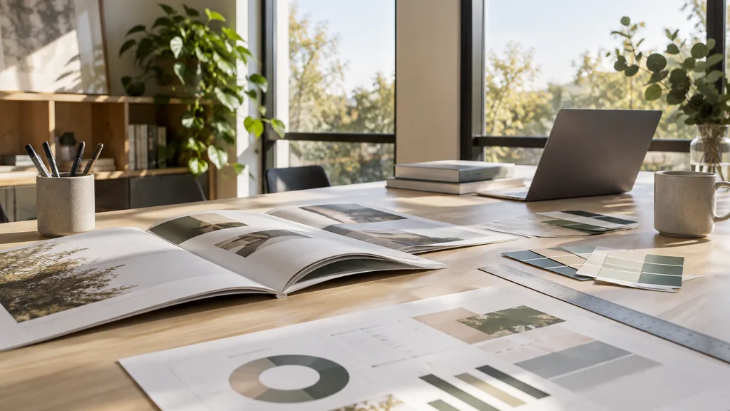 An empty graphic design studio workspace in a Braddon design studio on a crisp sunny morning, printed annual report spreads, an infographic draft, colour swatch cards and a steel ruler on a pale eucalyptus-wood table, tall windows with clean winter light