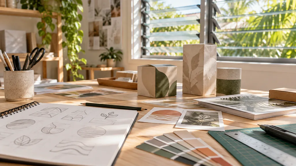 An empty graphic design studio workspace in a Burleigh design studio on a warm bright morning, printed label and packaging samples, a sketchbook of logo roughs, colour swatches and a cutting mat on a pale blonde timber bench, open louvre windows with soft tropical light