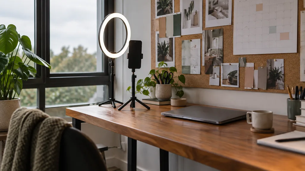 An empty social media content studio workspace in a Te Aro content studio on a windy bright morning, a smartphone on a small tripod beside a ring light, printed post mock-ups and a paper content calendar pinned to a corkboard above a rimu timber desk with a closed laptop, large windows with harbour-grey sky light