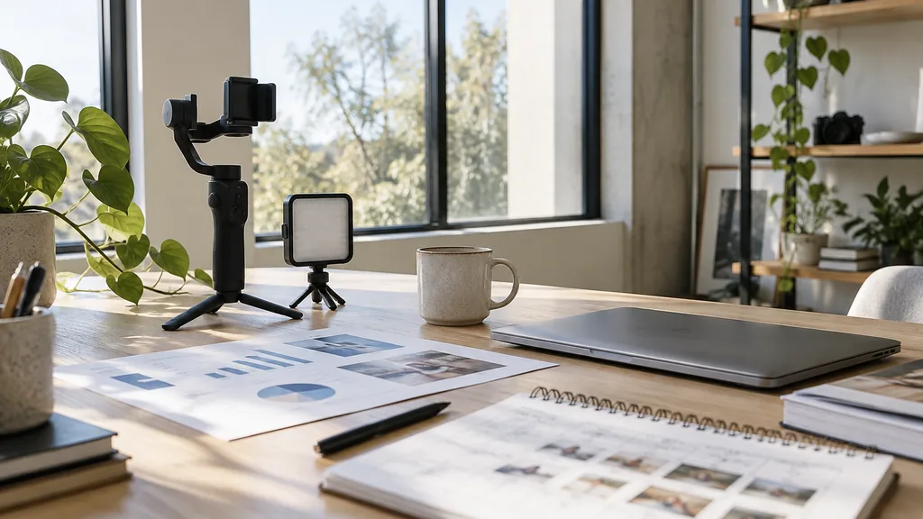 An empty social media content studio workspace in a Braddon studio on a crisp sunny winter morning, a phone gimbal and a small LED panel beside printed engagement reports and a weekly content planner on a pale eucalyptus-wood table with a mug and a closed laptop, tall windows with clean light