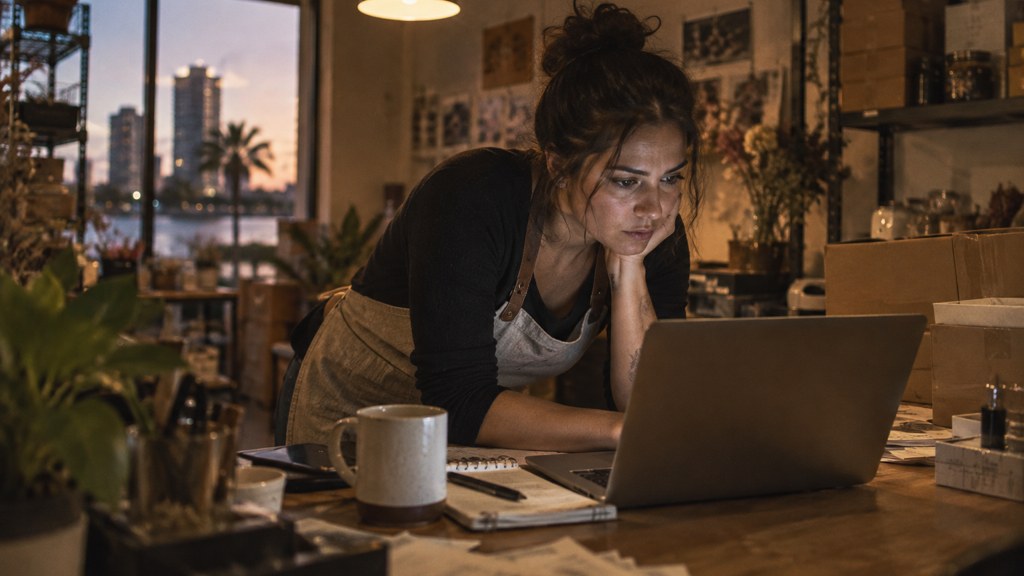 A small-business owner in an apron leaning over a laptop on a cluttered back-office desk late in the day, photographed in Tampa