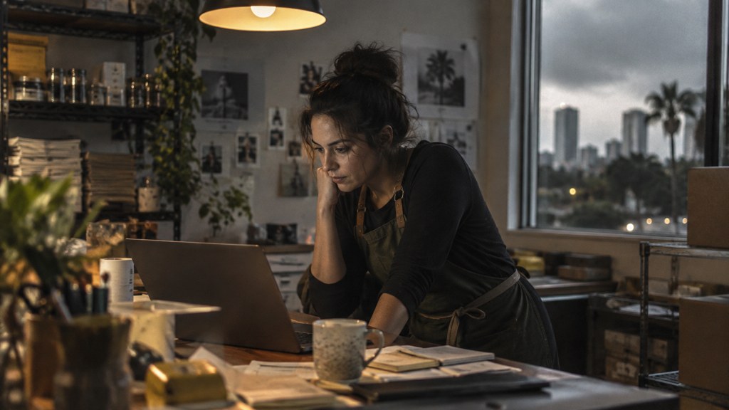 A small-business owner in an apron leaning over a laptop on a cluttered back-office desk late in the day, photographed in Tampa