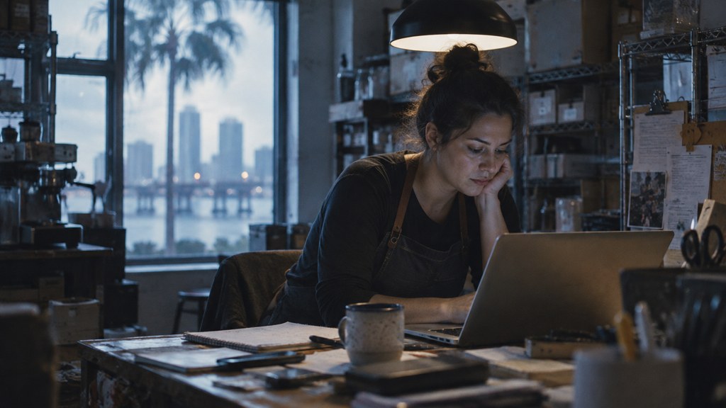A small-business owner in an apron leaning over a laptop on a cluttered back-office desk late in the day, photographed in Tampa