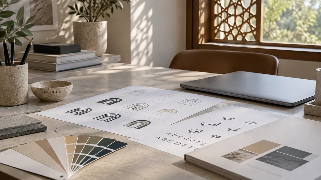 An empty Doha branding studio desk with type specimens and swatches