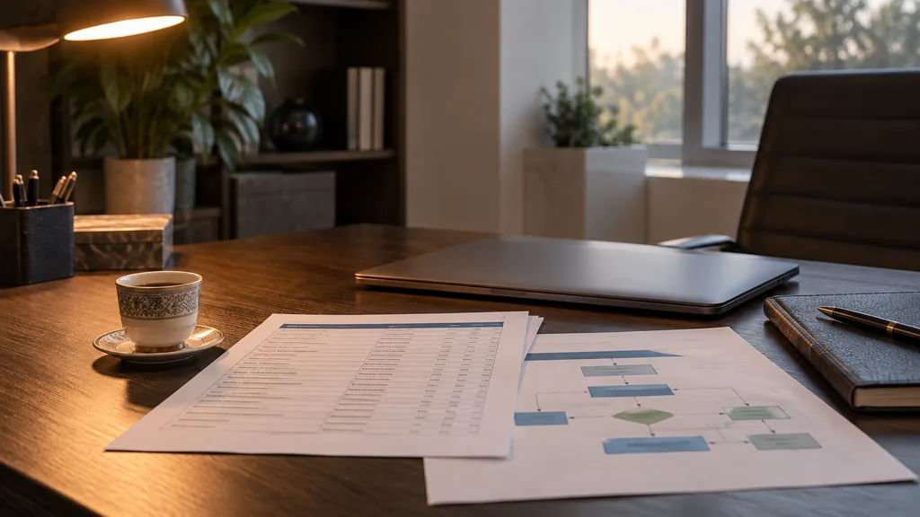 An empty Doha marketing office desk with printed keyword lists