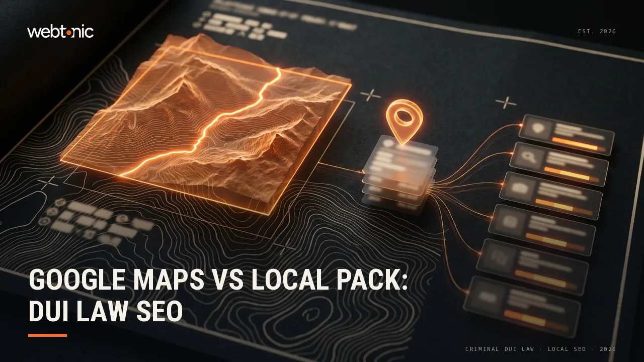 Criminal DUI law local SEO statistics thumbnail comparing Google Maps and the Local Pack, showing 42 percent of local searchers clicking a Map Pack result