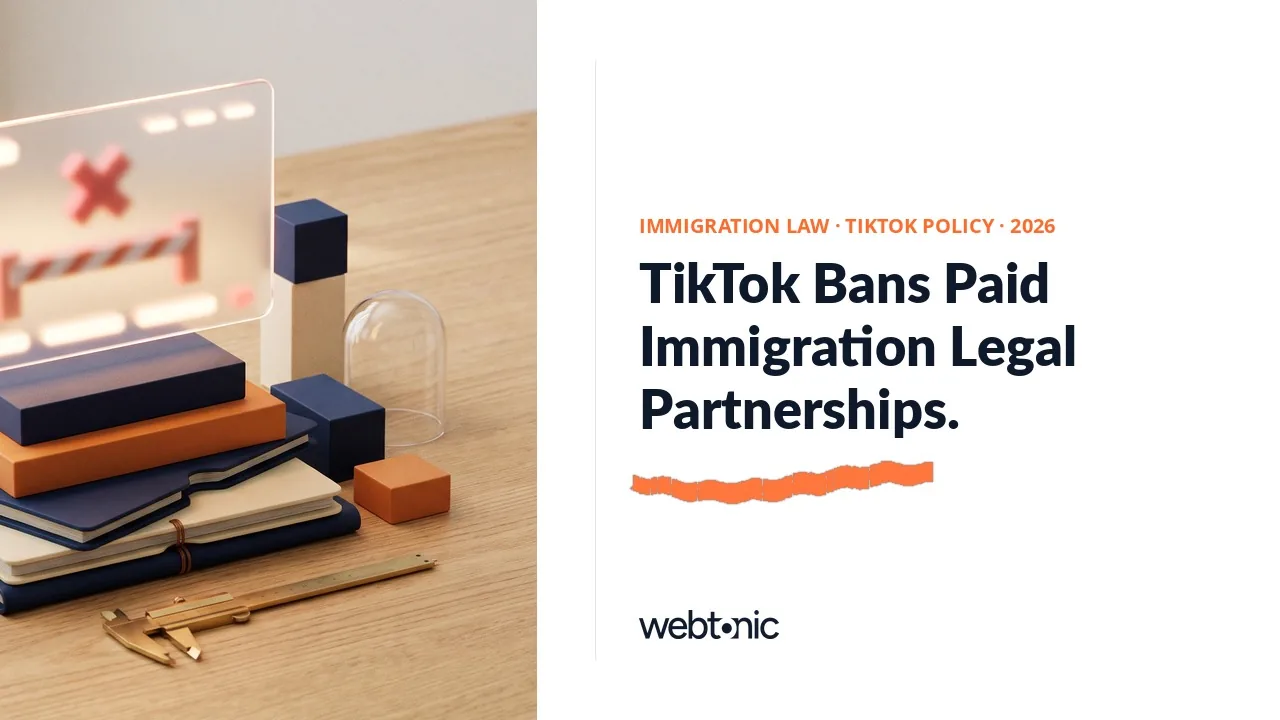 TikTok ads budget benchmarks for immigration law firms 2026 thumbnail showing TikTok's branded content policy ban on legal and immigration services