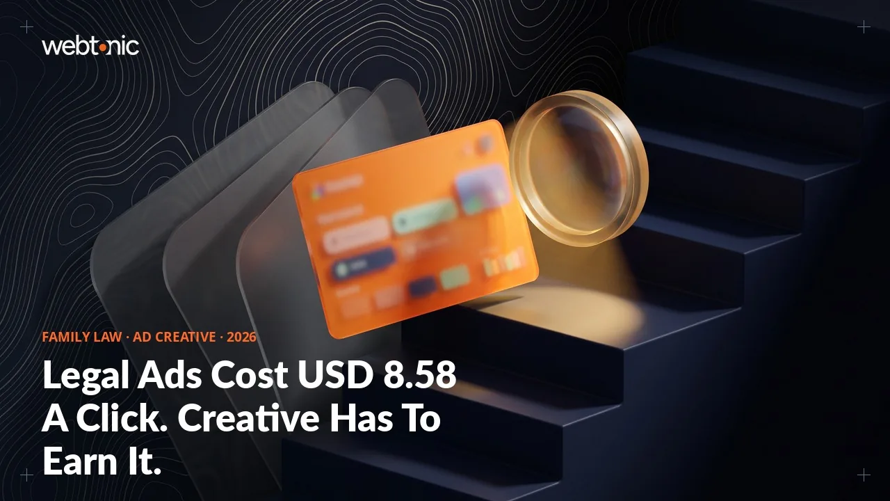 Family law ad creative performance benchmarks thumbnail showing attorneys and legal services average cost per click at USD 8.58 against a USD 5.26 all industry average