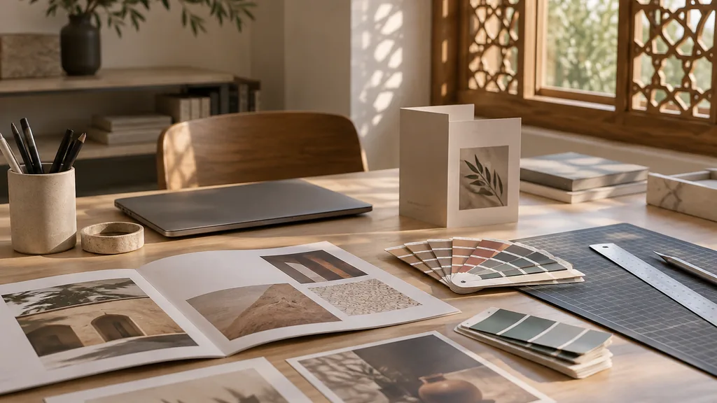 An empty Doha graphic design studio desk with brochure spreads and swatches