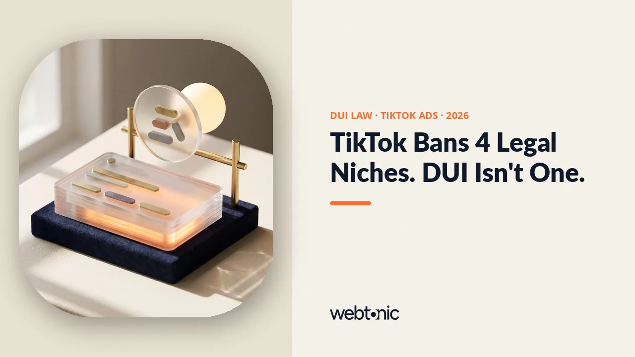Criminal DUI law TikTok ads statistics 2026 thumbnail showing TikTok names zero of its four restricted legal practice areas as criminal defense or DUI