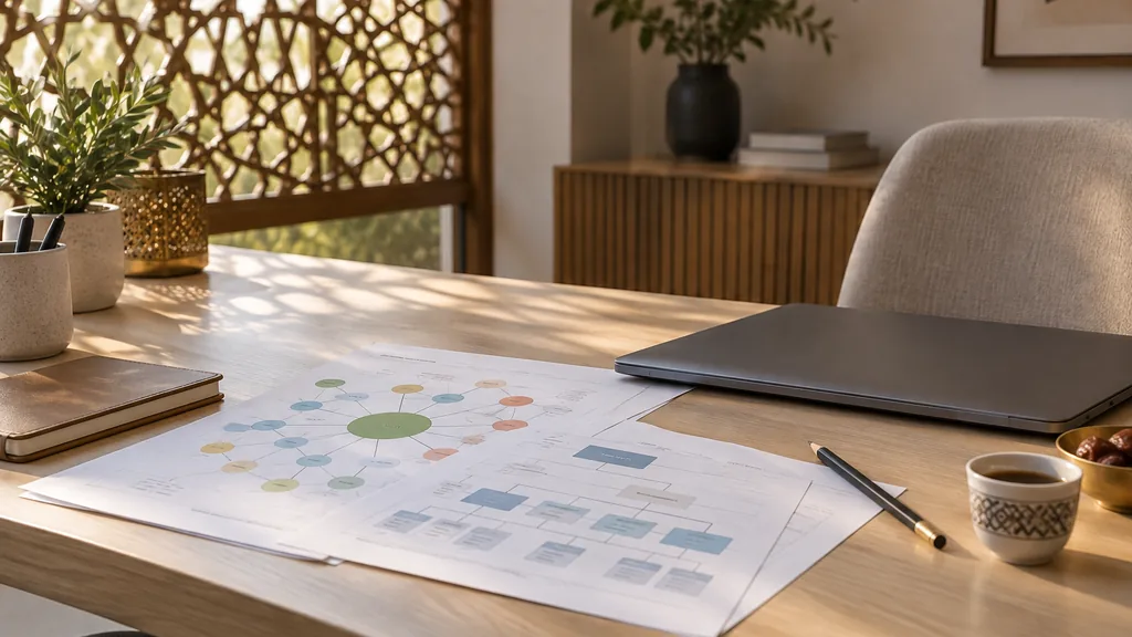 An empty Sharjah SEO agency desk with printed keyword maps