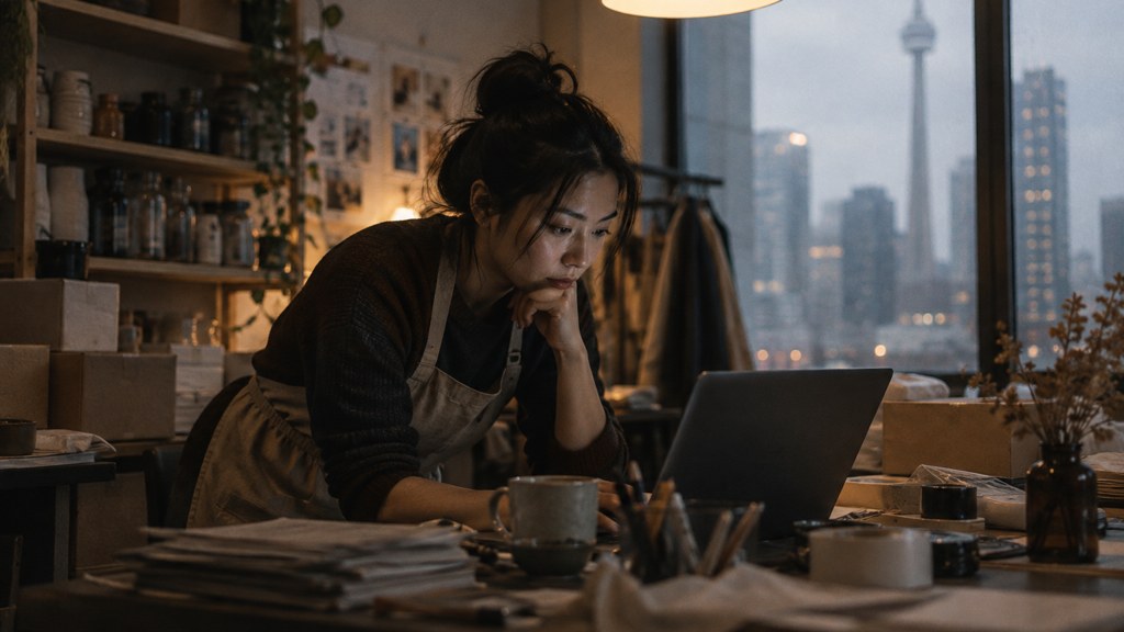 A small-business owner in an apron leaning over a laptop on a cluttered back-office desk late in the day, photographed in Toronto