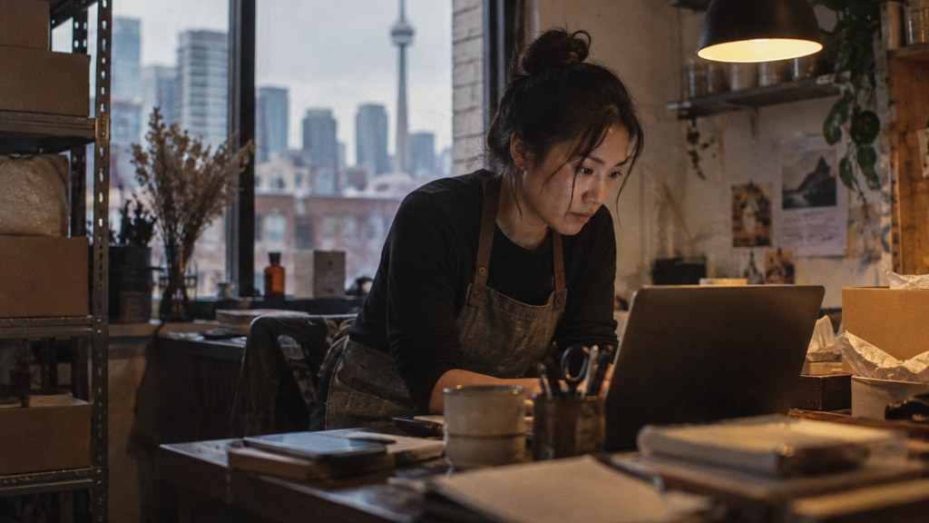 A small-business owner in an apron leaning over a laptop on a cluttered back-office desk late in the day, photographed in Toronto