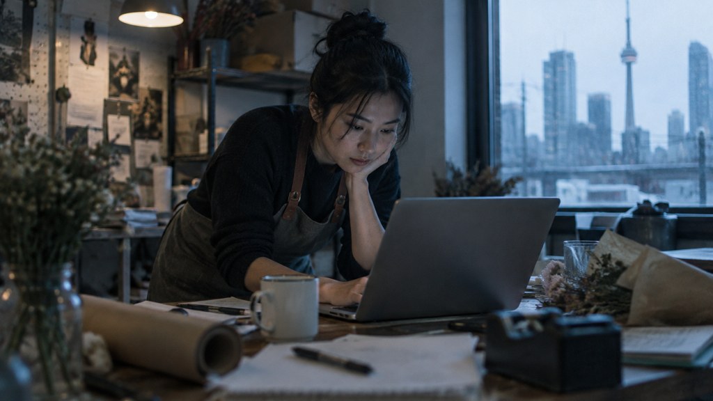 A small-business owner in an apron leaning over a laptop on a cluttered back-office desk late in the day, photographed in Toronto