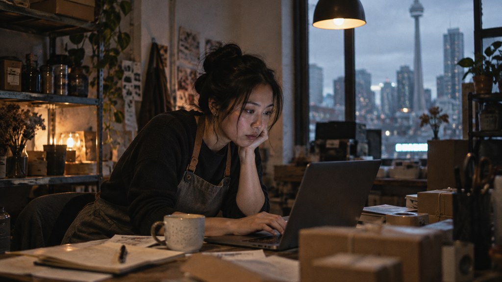 A small-business owner in an apron leaning over a laptop on a cluttered back-office desk late in the day, photographed in Toronto