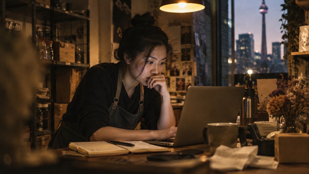 A small-business owner in an apron leaning over a laptop on a cluttered back-office desk late in the day, photographed in Toronto
