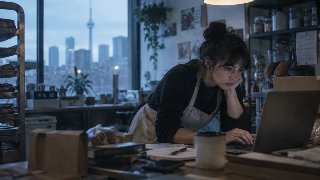 A small-business owner in an apron leaning over a laptop on a cluttered back-office desk late in the day, photographed in Toronto