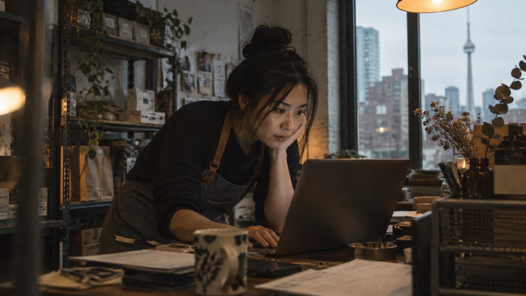 A small-business owner in an apron leaning over a laptop on a cluttered back-office desk late in the day, photographed in Toronto