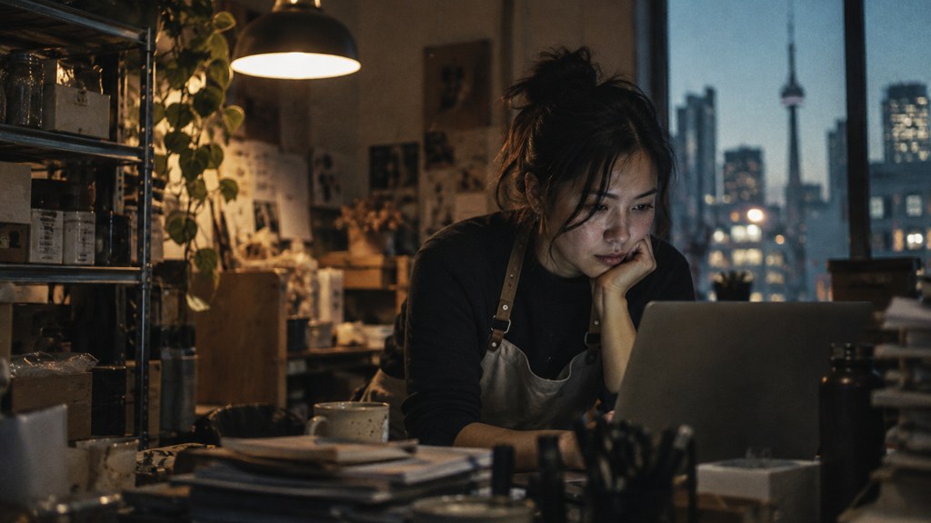 A small-business owner in an apron leaning over a laptop on a cluttered back-office desk late in the day, photographed in Toronto
