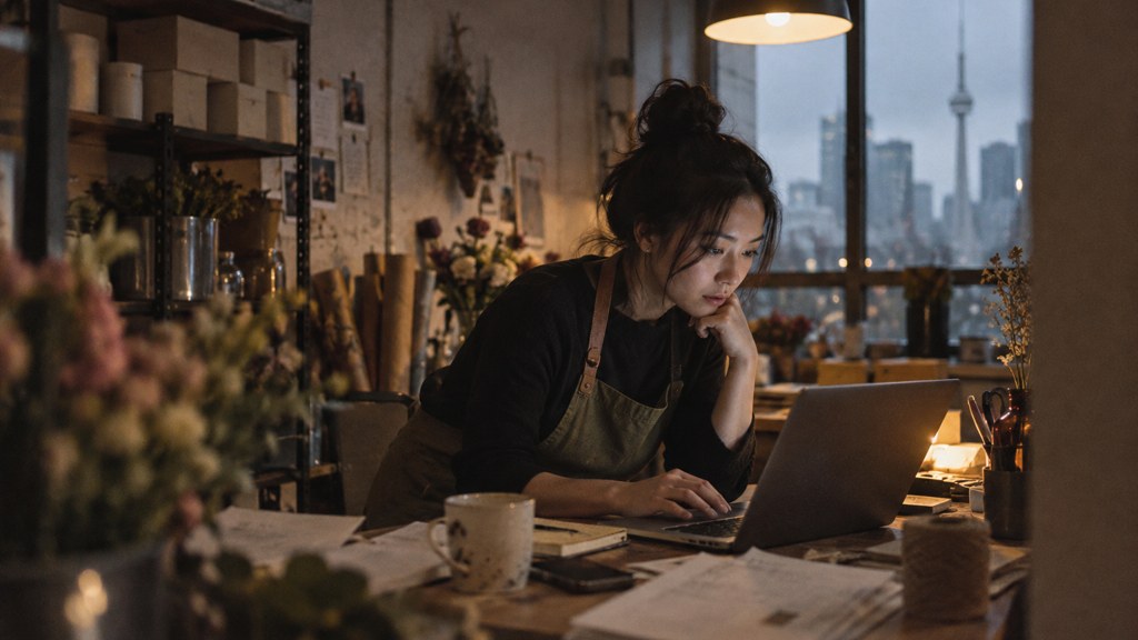 A small-business owner in an apron leaning over a laptop on a cluttered back-office desk late in the day, photographed in Toronto