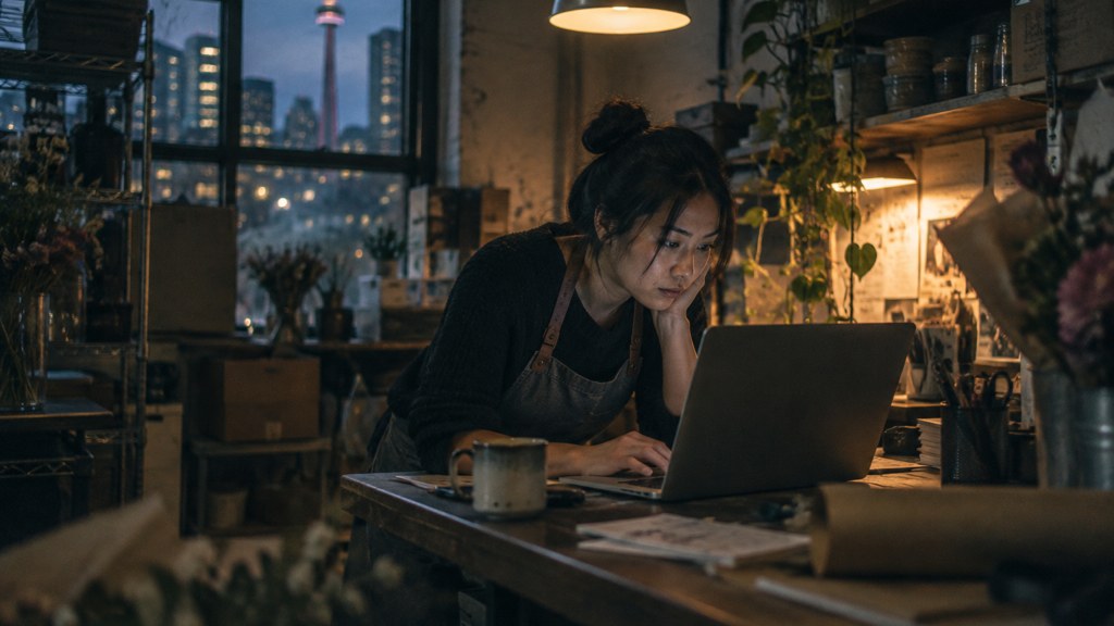 A small-business owner in an apron leaning over a laptop on a cluttered back-office desk late in the day, photographed in Toronto