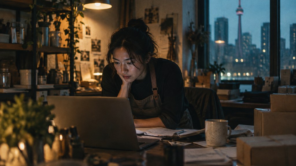 A small-business owner in an apron leaning over a laptop on a cluttered back-office desk late in the day, photographed in Toronto