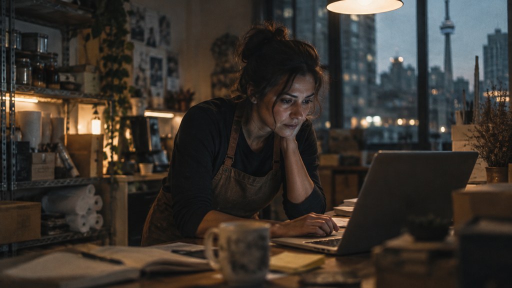 A small-business owner in an apron leaning over a laptop on a cluttered back-office desk late in the day, photographed in Toronto