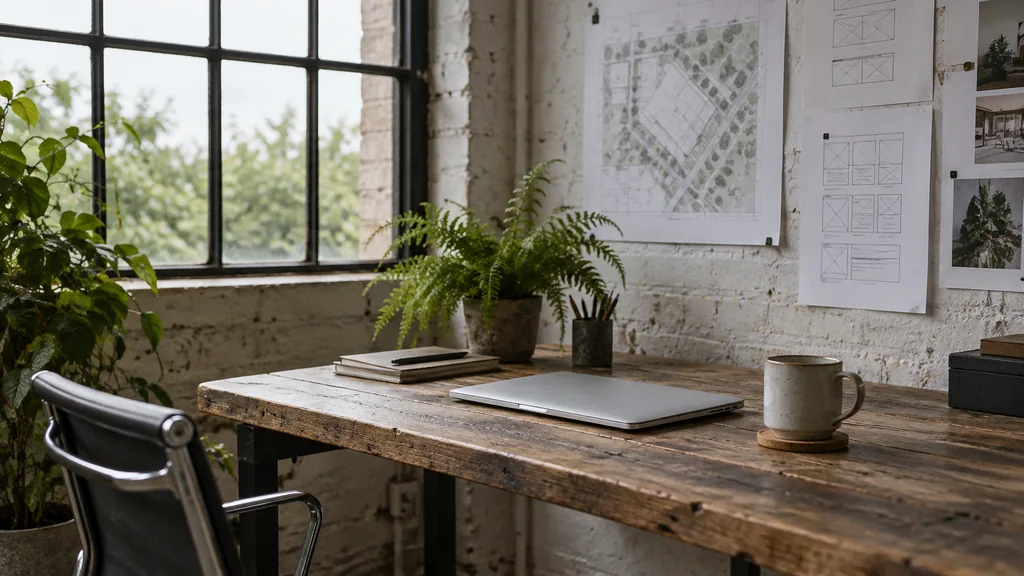 An empty web development studio workspace in a Cremorne warehouse studio on a grey bright morning, a closed laptop and a printed site map with wireframe sketches pinned above a recycled-timber desk, a mug and a small potted fern, tall steel-framed windows with soft overcast light