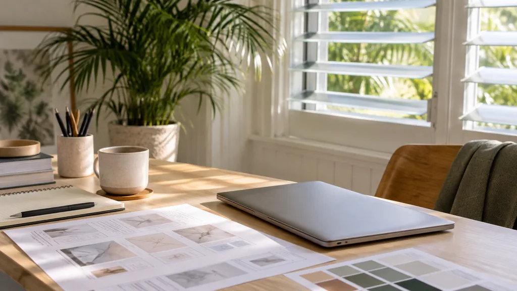 An empty web development studio workspace in a West End studio on a warm bright morning, a closed laptop beside printed page wireframes and colour swatches on a pale timber desk, a Queenslander-style louvred window with soft subtropical light and a potted palm