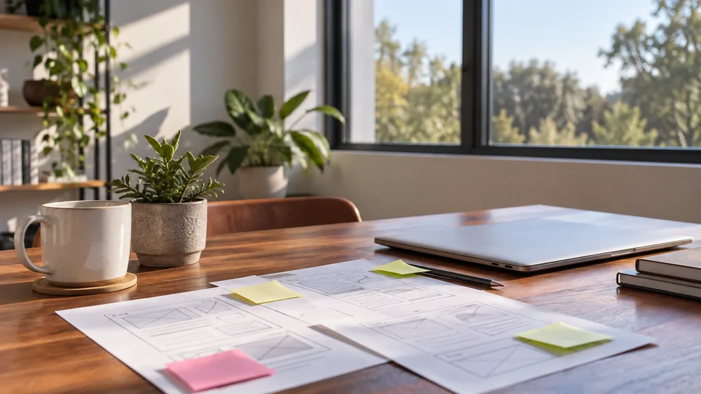 An empty web development studio workspace in a West Leederville studio on a clear sunny morning, a closed laptop and printed wireframes with sticky notes on a jarrah-wood desk, a mug and a small succulent, large windows with bright dry light and soft shadows