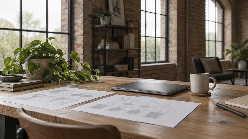 An empty web development studio workspace in a harbourside studio in a converted brick warehouse on a soft grey morning, a closed laptop beside printed wireframes and a site map on an oak desk, a mug and a trailing plant, arched windows with diffused light